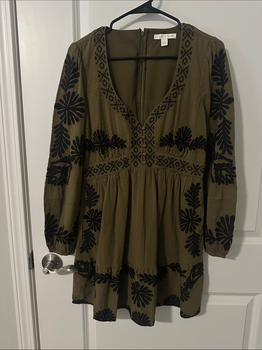 Chelsea & Violet Olive Green Long Sleeve Mini Dress with Black Embroidery